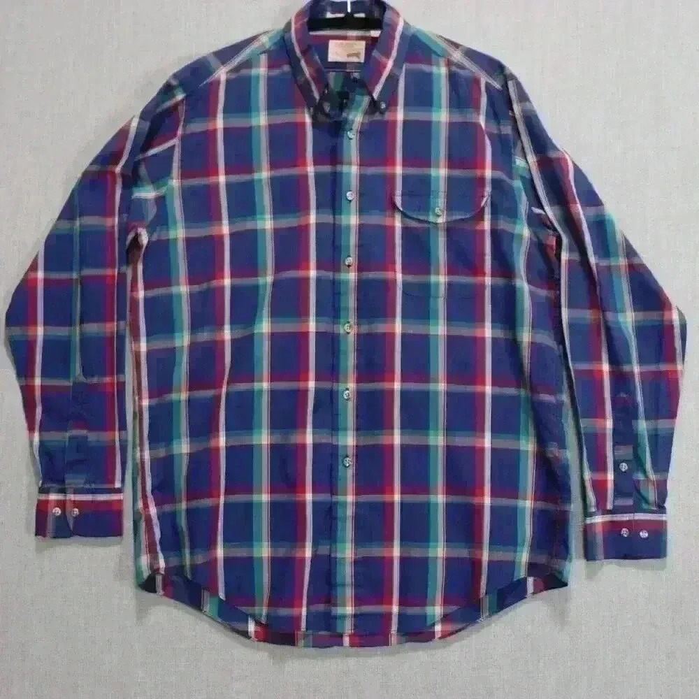 Vintage Plaid Button Down Men's L Tall Long Sleeve Shirt Multicolor Cotton Blend